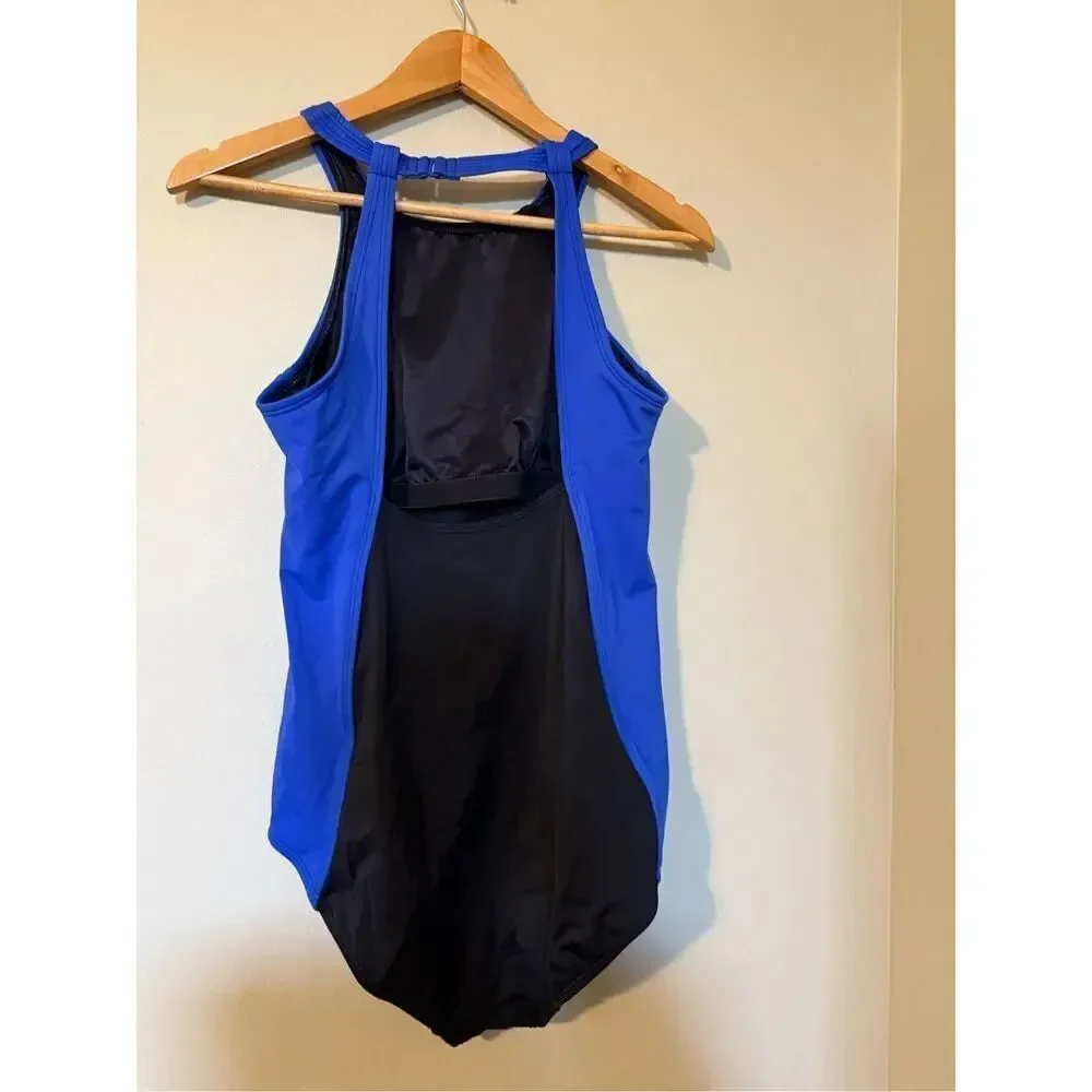 Land's End Size 12 High Neck One Piece Swimsuit Black Blue Colorblock Sporty